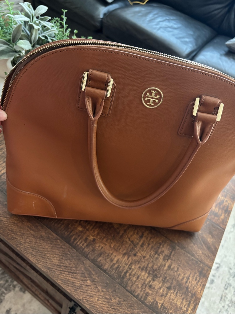 Tory Burch Camel Brown Dome Satchel with Gold Logo